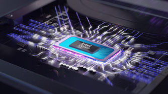 A rendering of an Intel Core Ultra CPU inside of a laptop