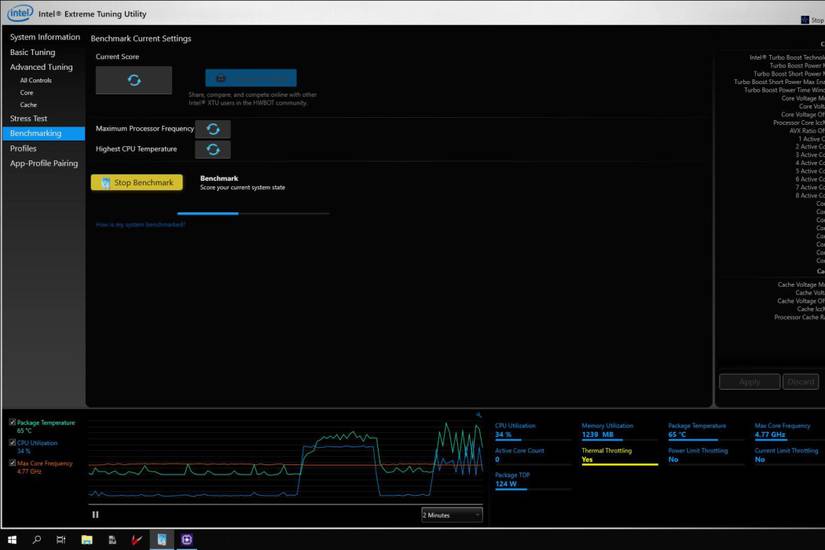 A screenshot showing the Intel Extreme tuning utility running a basic benchmark.