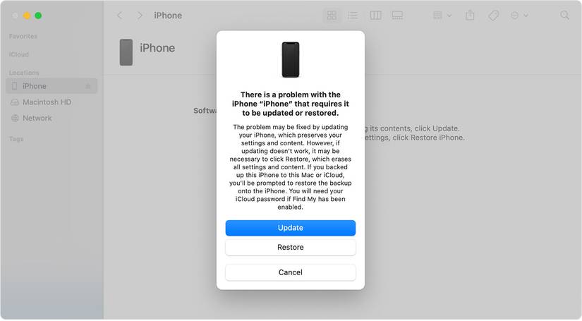 iPhone in recovery mode connected to Mac with options to update or restore it