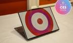 Angled view of the Lenovo ThinkBook 13x Gen 4 SPE showing a circular pattern in white and pink on the lid