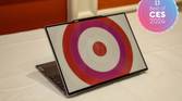 Angled view of the Lenovo ThinkBook 13x Gen 4 SPE showing a circular pattern in white and pink on the lid