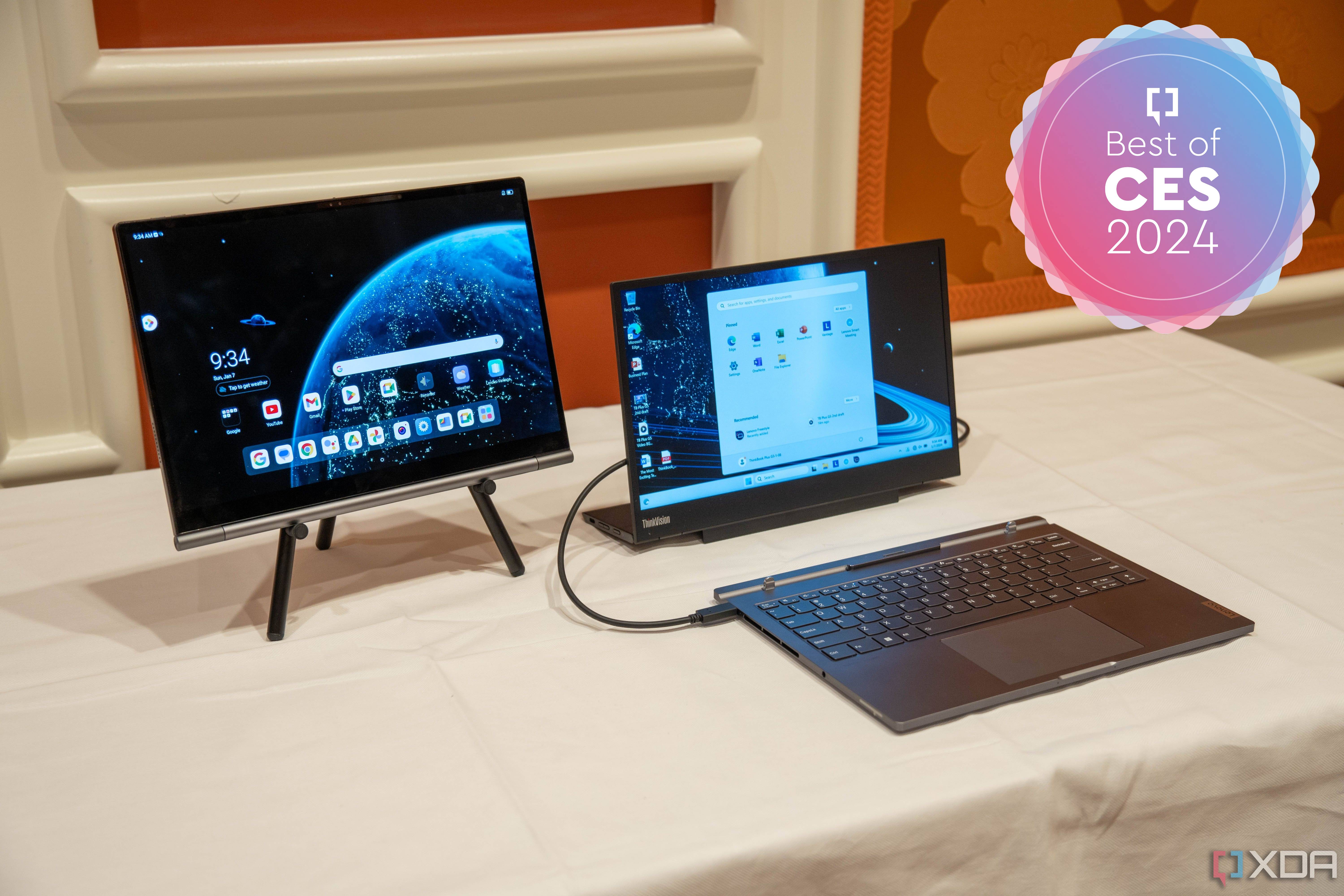 A Lenovo ThinkBook Plus Gen 5 Hybrid Station connected to an external display next to a Hybrid Tab held up on a stand