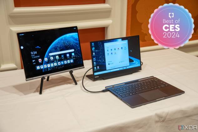 A Lenovo ThinkBook Plus Gen 5 Hybrid Station connected to an external display next to a Hybrid Tab held up on a stand