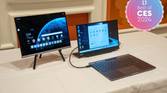 A Lenovo ThinkBook Plus Gen 5 Hybrid Station connected to an external display next to a Hybrid Tab held up on a stand