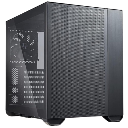 render of a black lian li o11 air mini pc chassis seen from a front angle