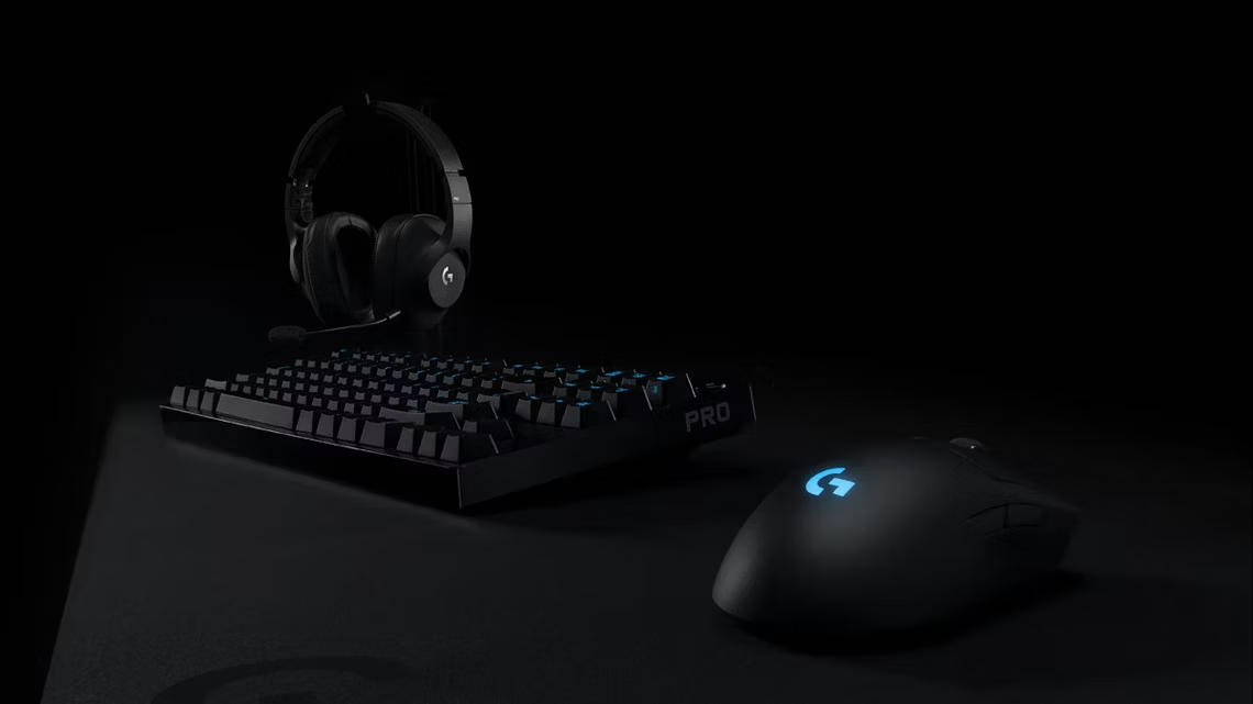 logitech g pro wireless alongside a logitech keyboard and headset