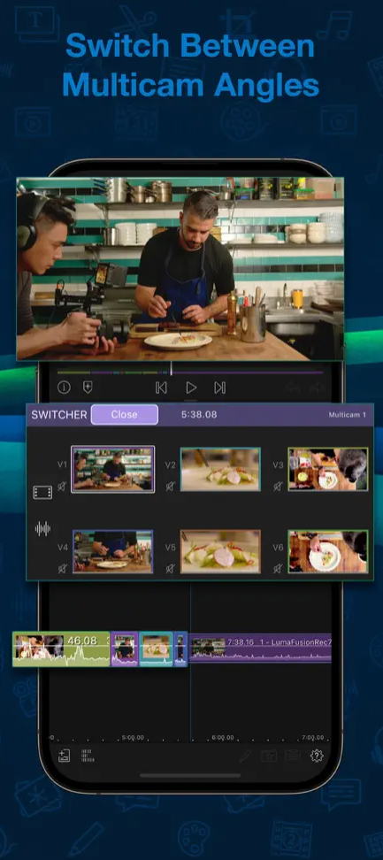 Video editing examples in LumaFusion screenshots.