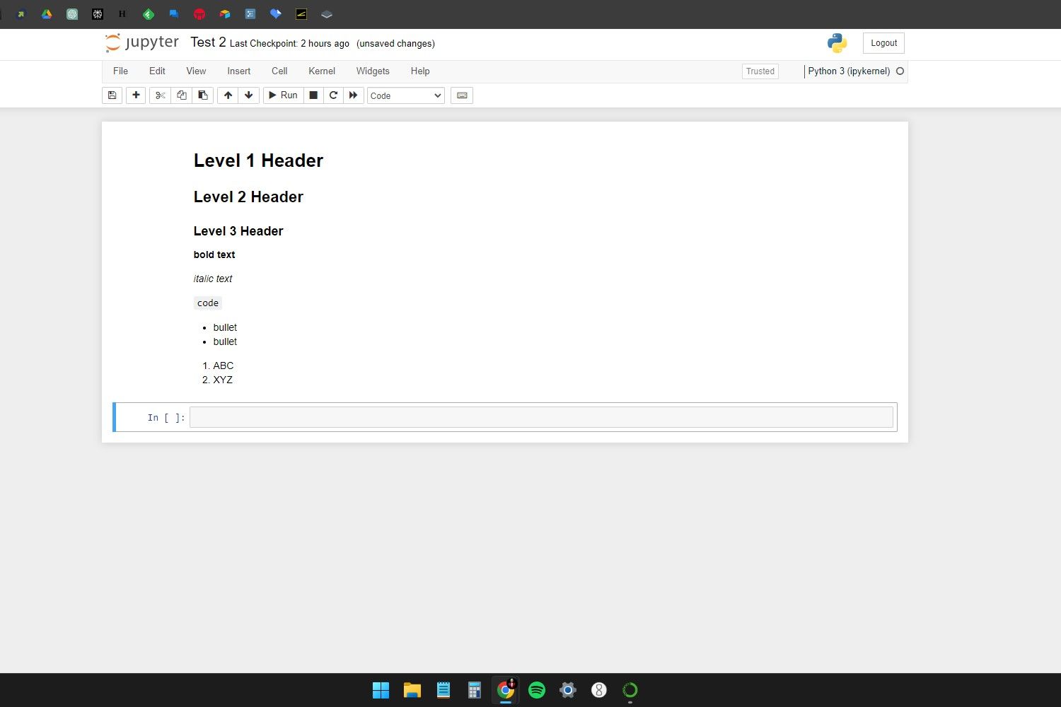 Windows 11 screenshot with an active Jupyter Notebook window that shows all the output of all the formatting options available in Markdown mode.