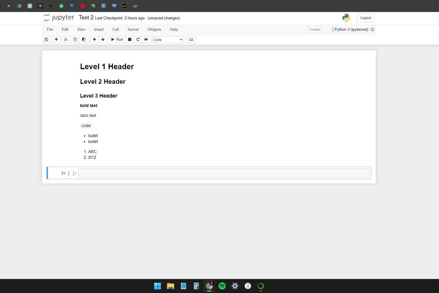 Windows 11 screenshot with an active Jupyter Notebook window that shows all the output of all the formatting options available in Markdown mode.