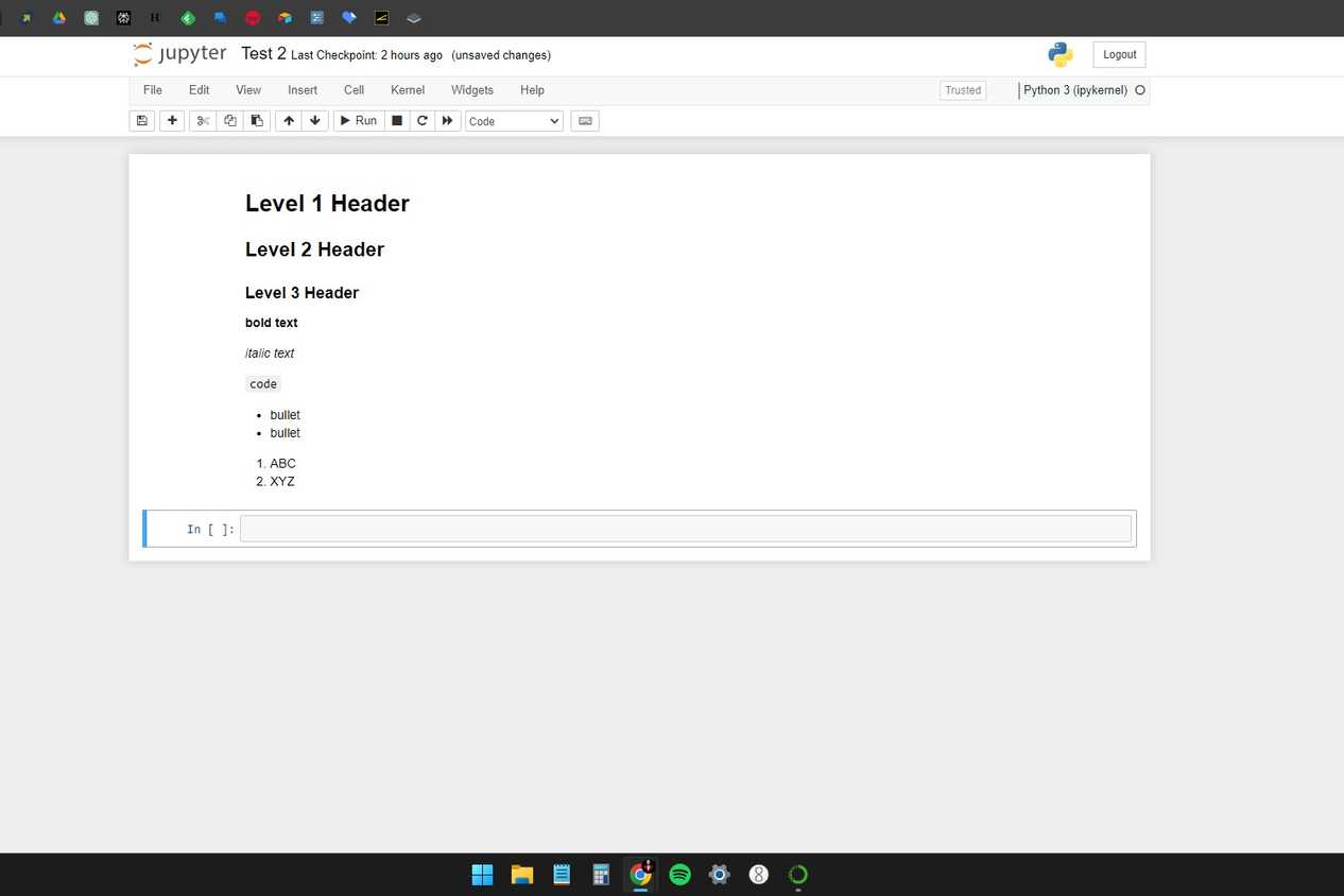 Windows 11 screenshot with an active Jupyter Notebook window that shows all the output of all the formatting options available in Markdown mode.