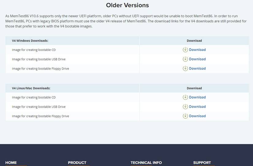 MemTest86 download page old versions
