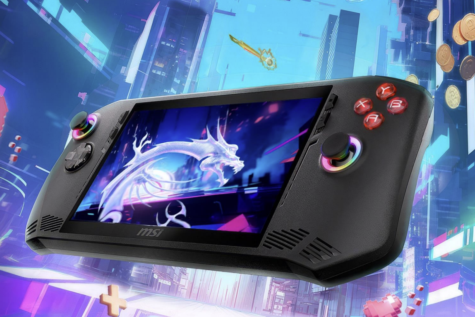 MSI Claw handheld system with an animated city backdrop
