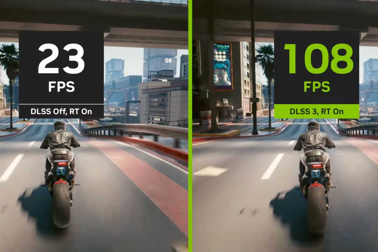An image showing a side-by-side comparison showing Cyberpunk 2077 with and without DLSS enabled.