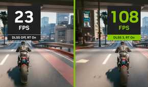 An image showing a side-by-side comparison showing Cyberpunk 2077 with and without DLSS enabled.