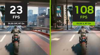 An image showing a side-by-side comparison showing Cyberpunk 2077 with and without DLSS enabled.