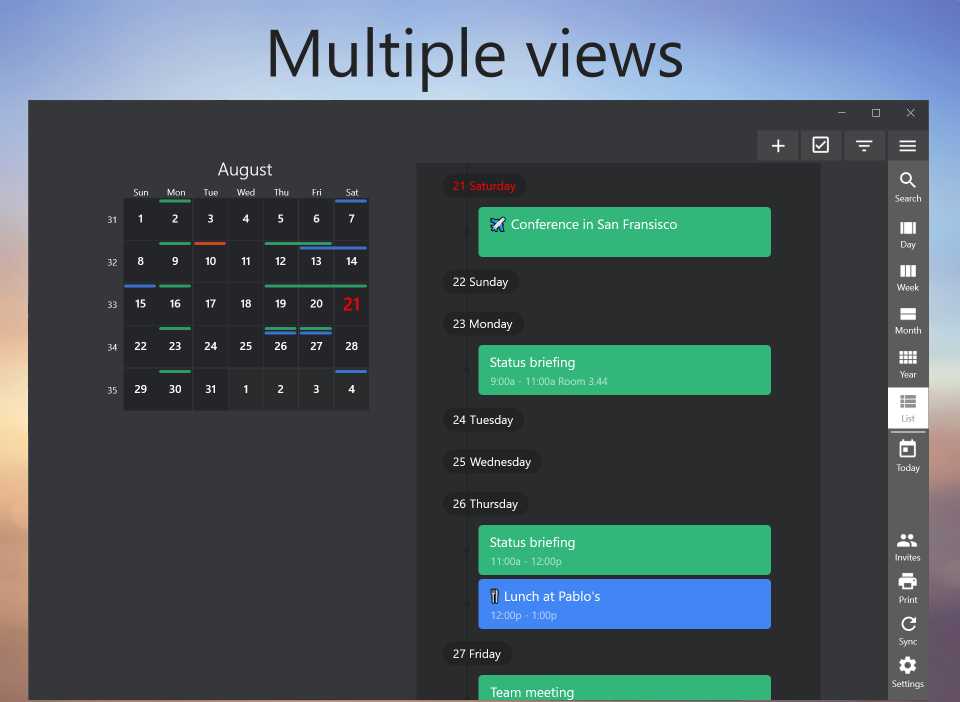 A transparent calendar application interface showcasing a clear overview of scheduled events and tasks, with color-coded entries for easy differentiation.