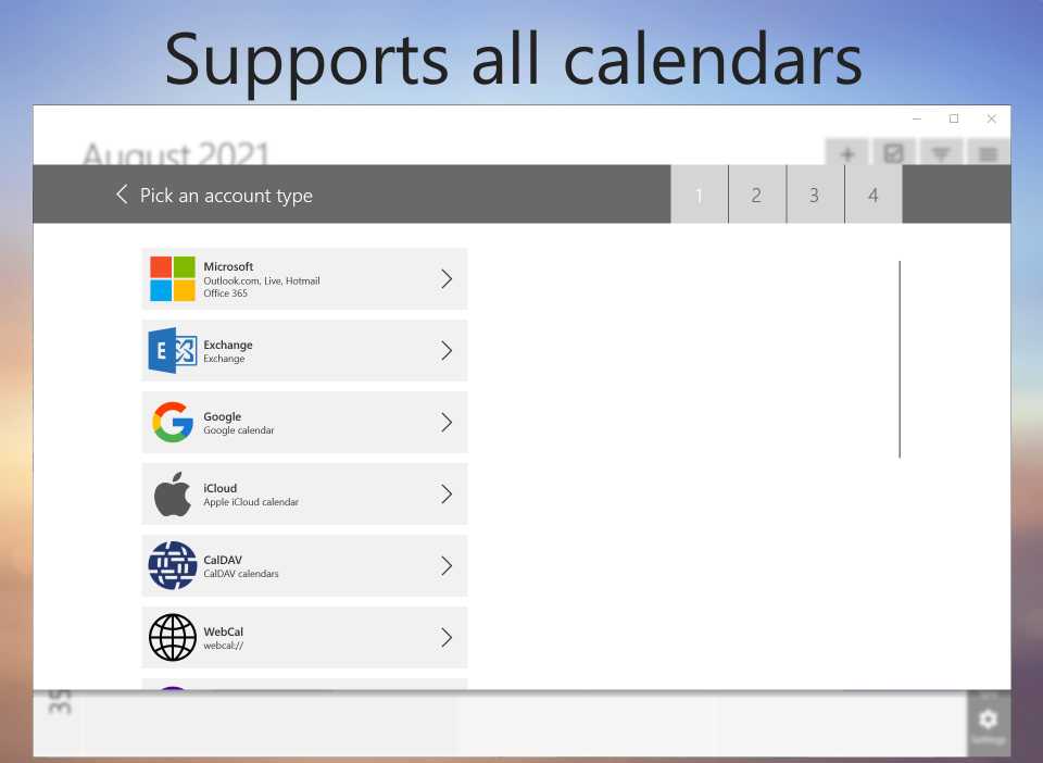 A screenshot of a calendar application's settings page showing compatibility with various account types such as Microsoft, Exchange, Google, iCloud, CalDAV, and WebCal.