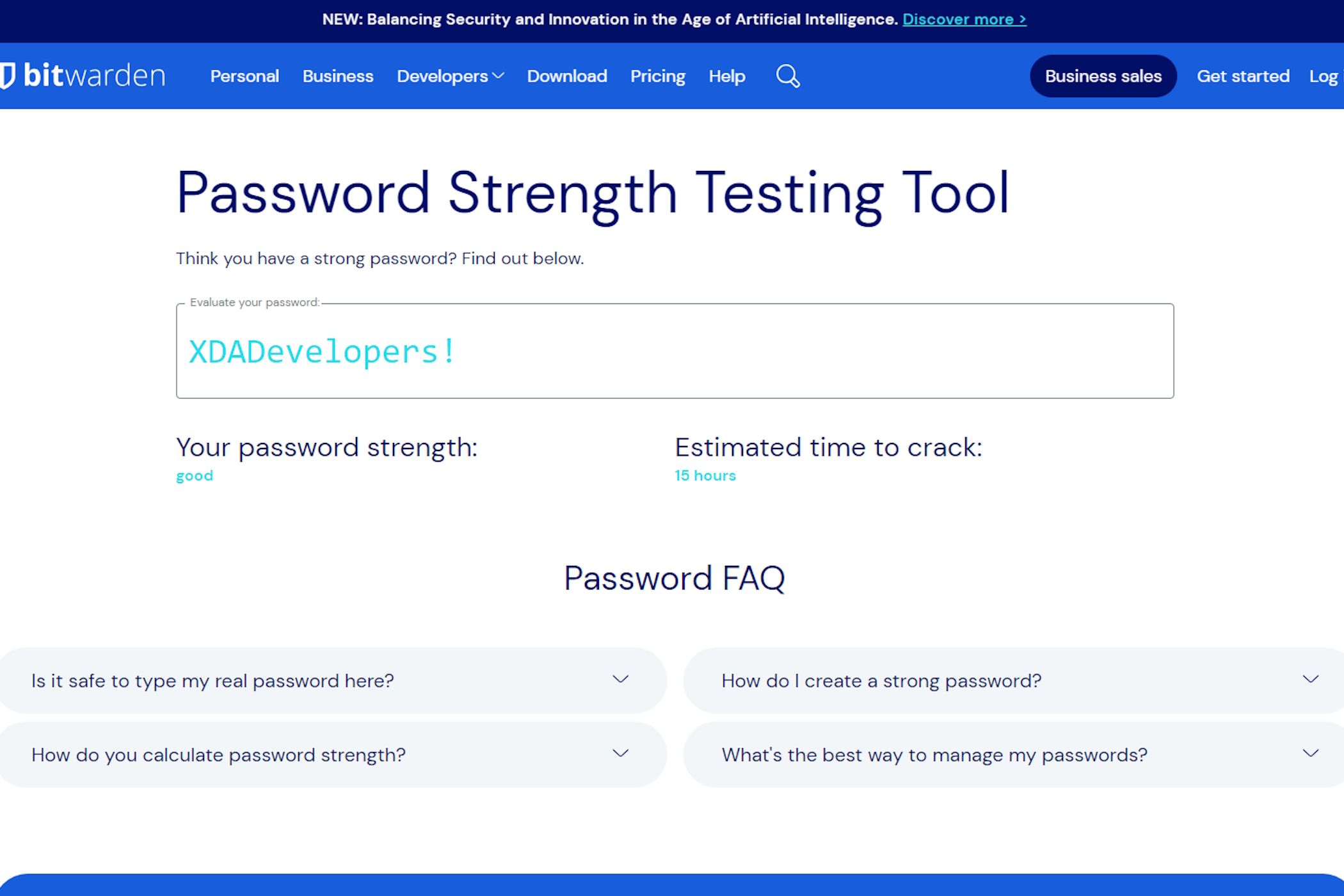 Checking a password's strength on Bitwarden.