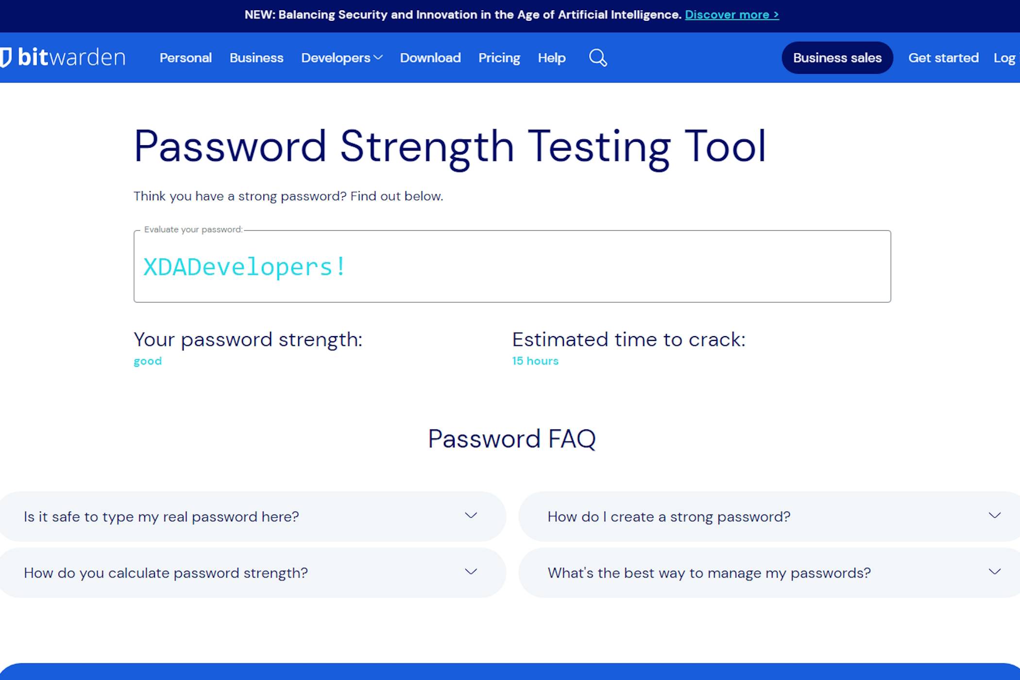 Checking a password's strength on Bitwarden.