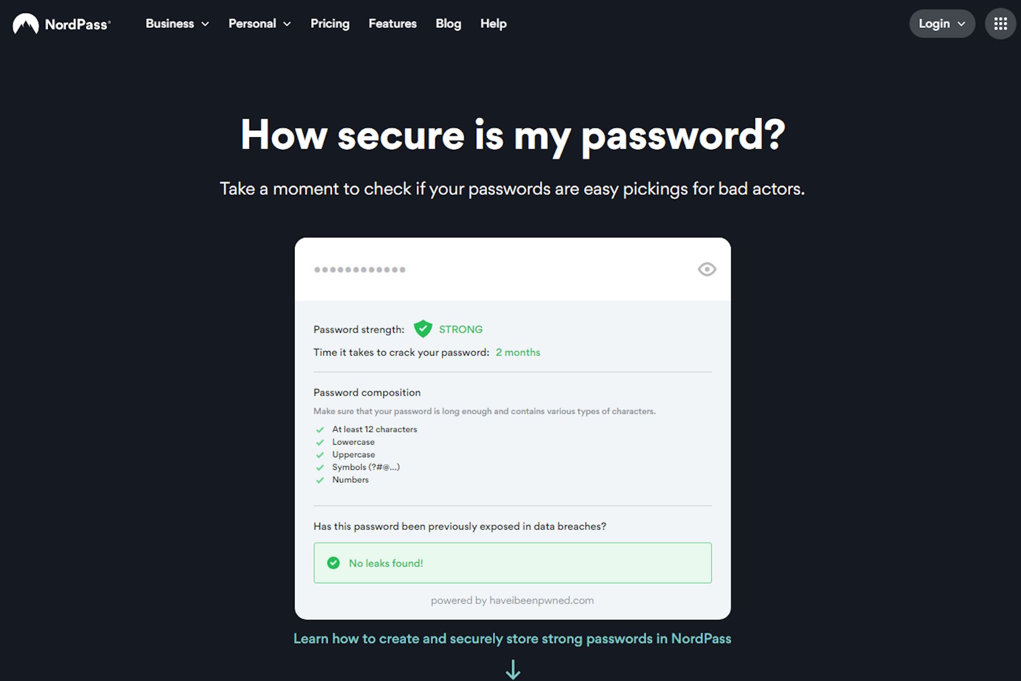 Checking a password's strength on NordPass.