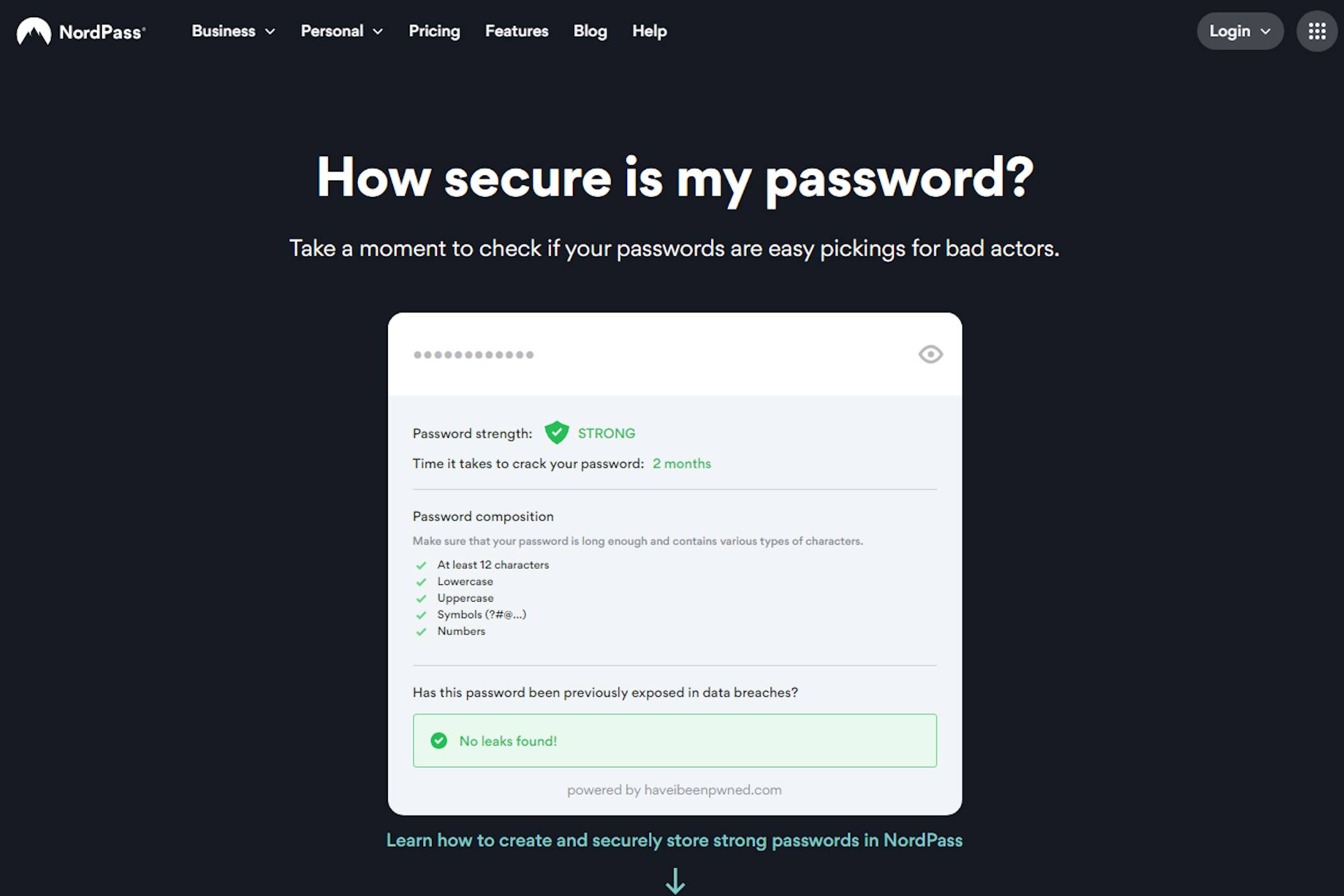 Checking a password's strength on NordPass.