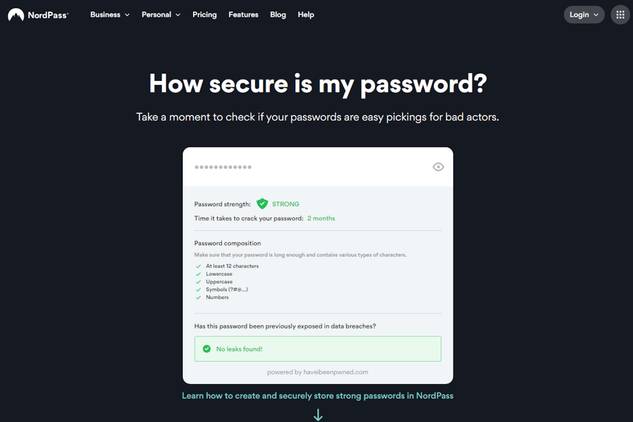 Checking a password's strength on NordPass.