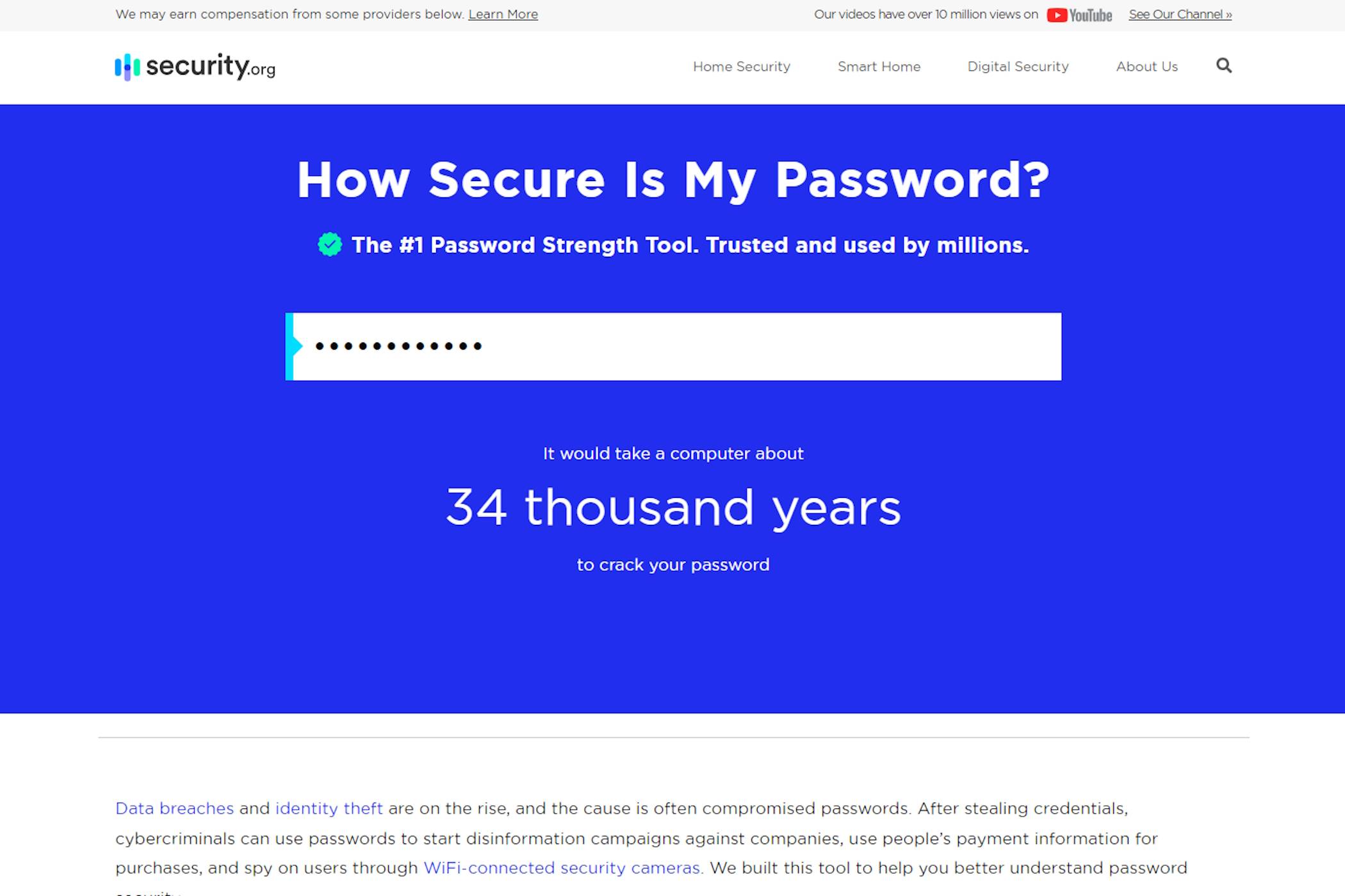 Checking a password's strength on Security.org.