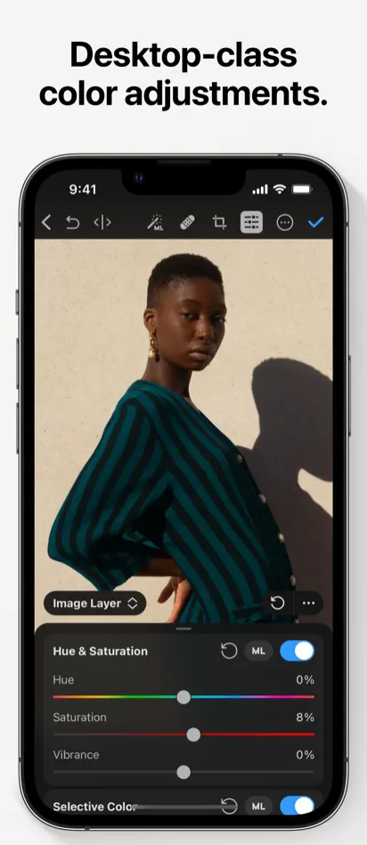 Color adjustments in the Photomator app for iPhone.