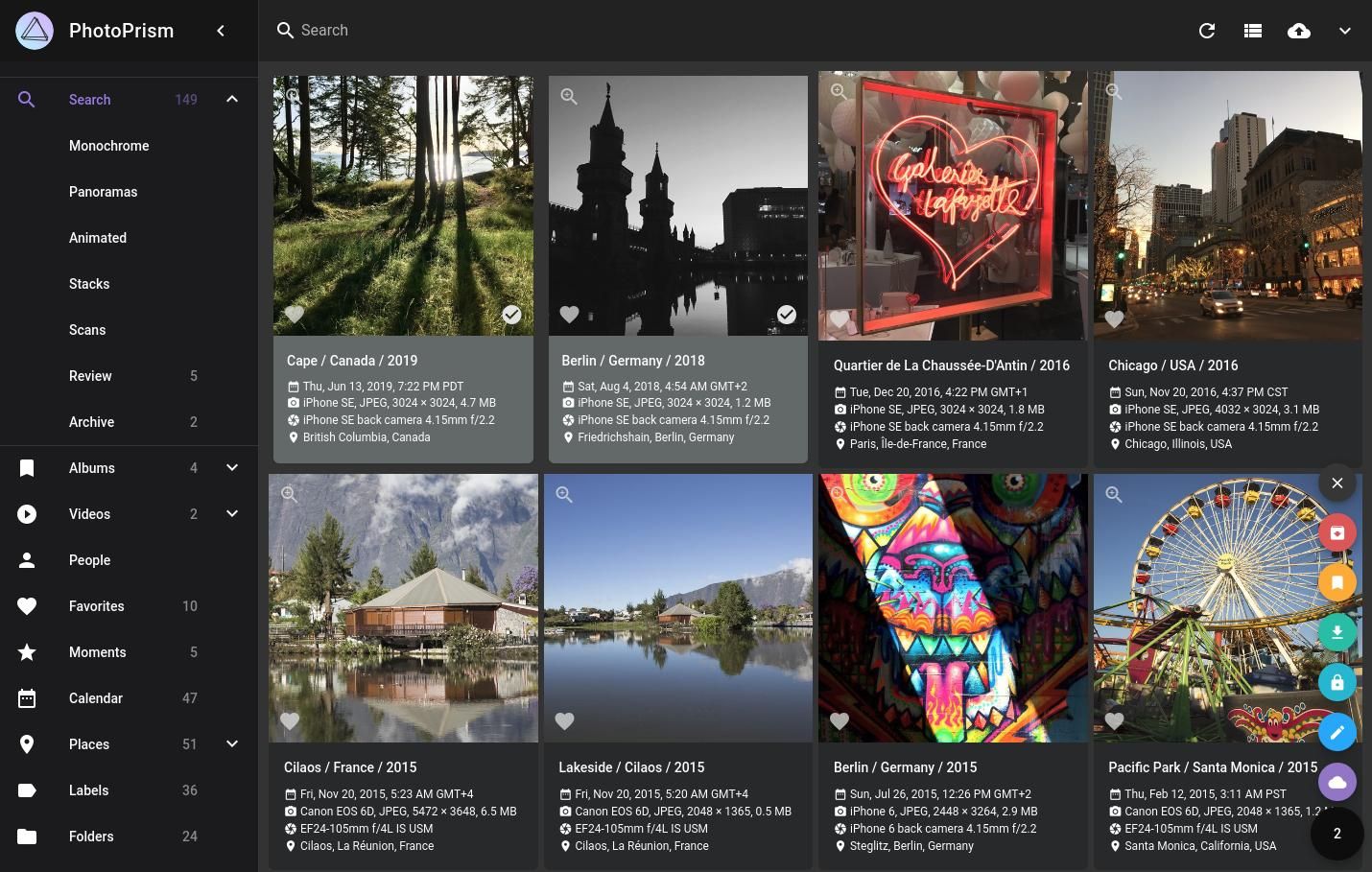 PhotoPrism running on NAS showing photos and locations