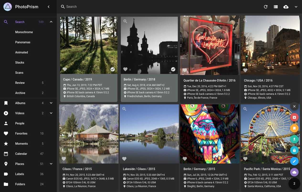 PhotoPrism running on NAS showing photos and locations