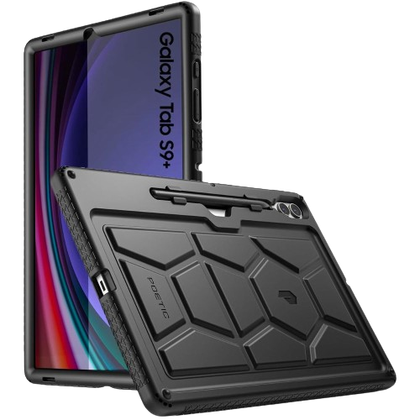 A render showing the Poetic Turtleskin case installed on a Galaxy Tab S9+ in black color.