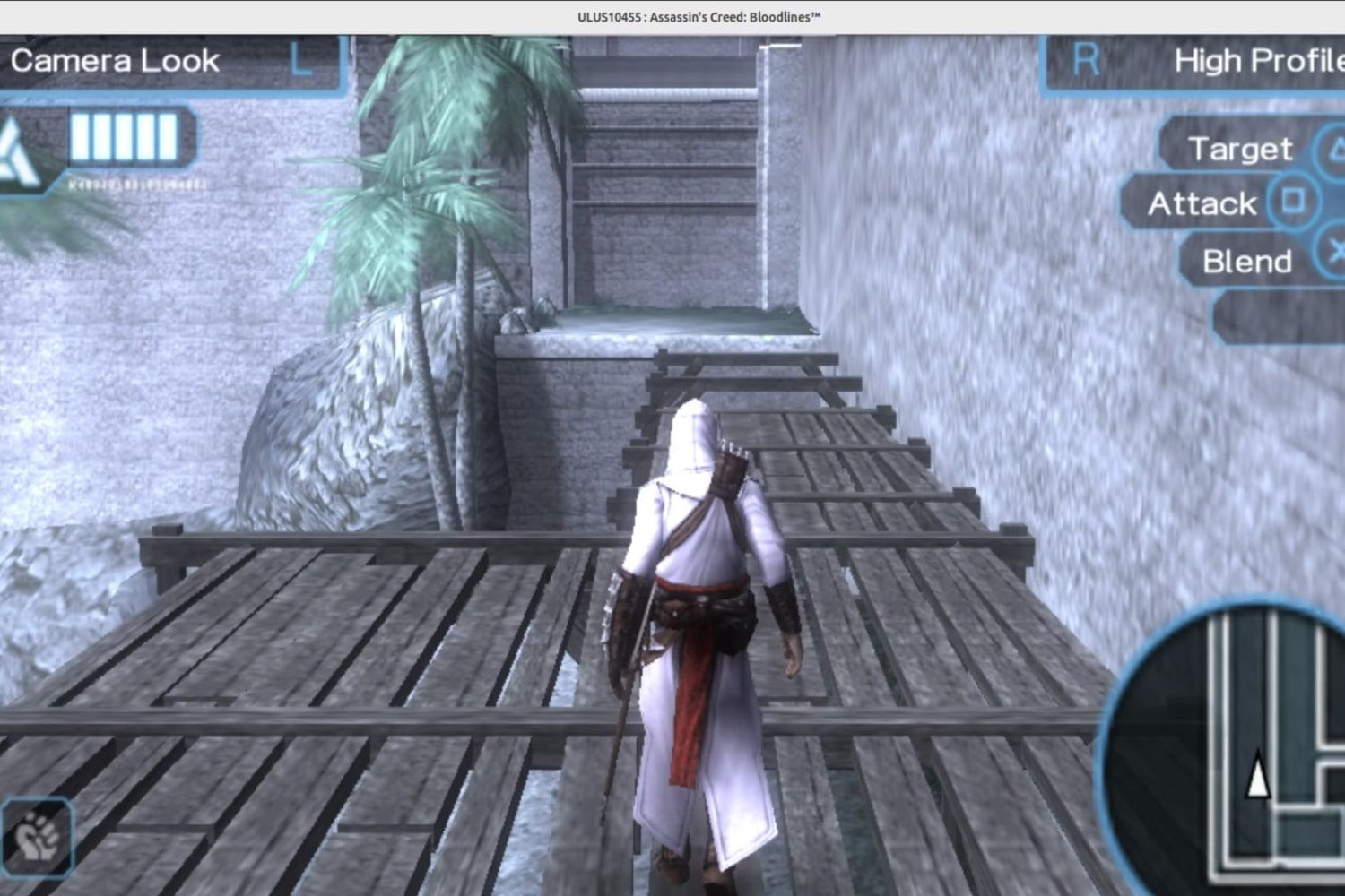 A screenshot of Assassin's Creed: Bloodlines running via PPSSPP on Raspberry Pi 5