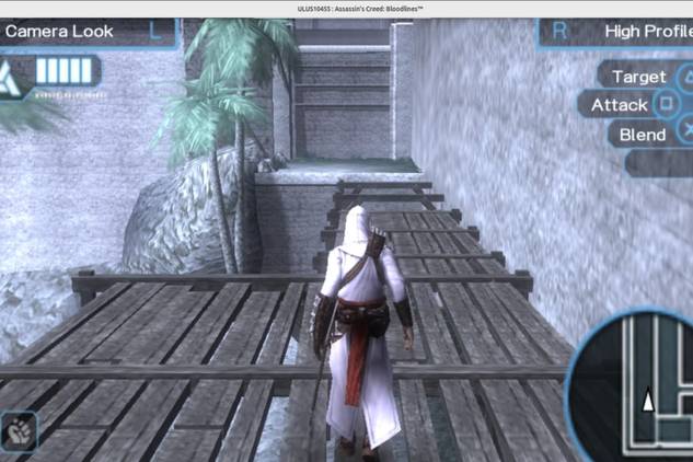 A screenshot of Assassin's Creed: Bloodlines running via PPSSPP on Raspberry Pi 5