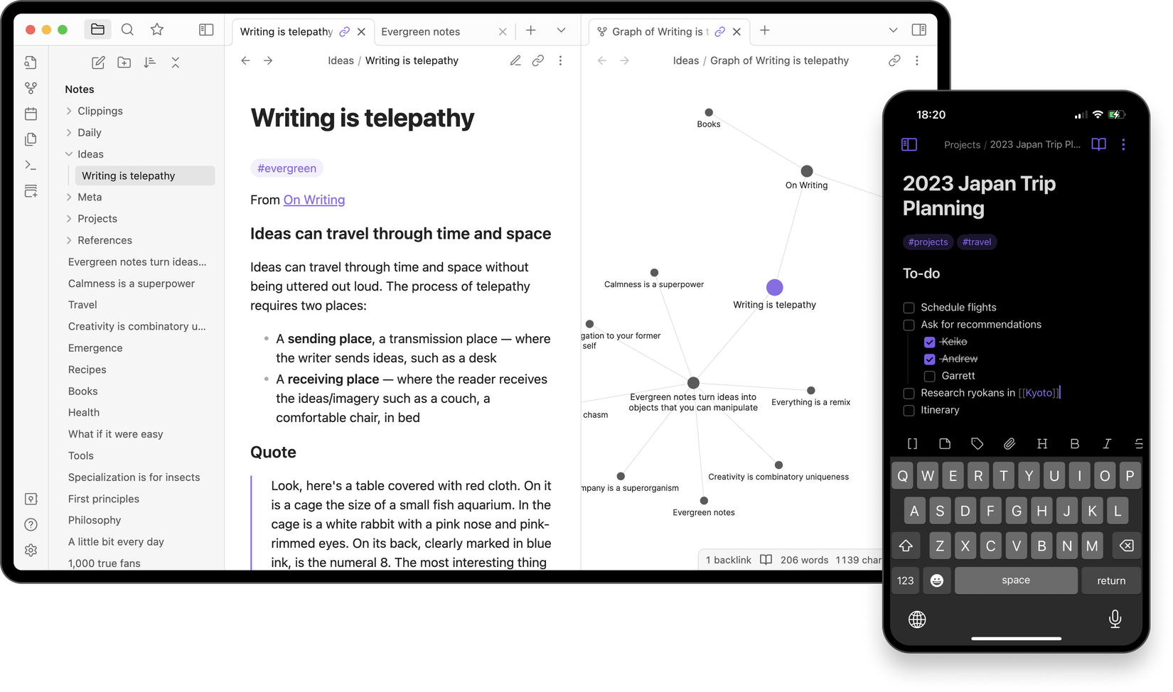 A screenshot showing the user interface of a note-taking and organizational app across different devices, highlighting features like evergreen notes, task checklists, and a graph view of interconnected ideas.