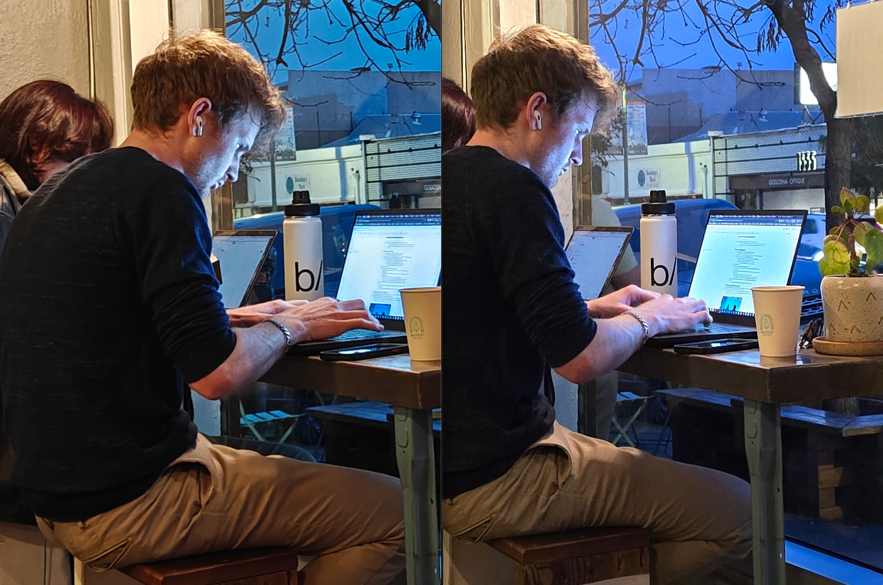 Main camera sample with 100% crop, OnePlus 12 (left); S24 Ultra (right)
