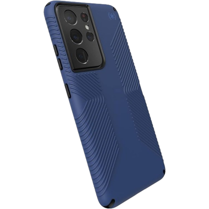 A render showing the Speck Presidio 2 Grip case installed on a Galaxy S21 Ultra.