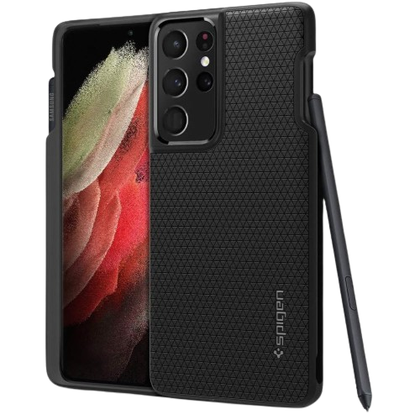 A render showing the Spigen Thin Air P case installed on a Galaxy S21 Ultra in black color.