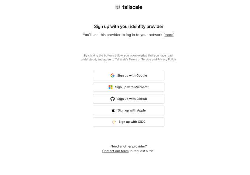 A screenshot of Tailscale's identity provider signup page. 