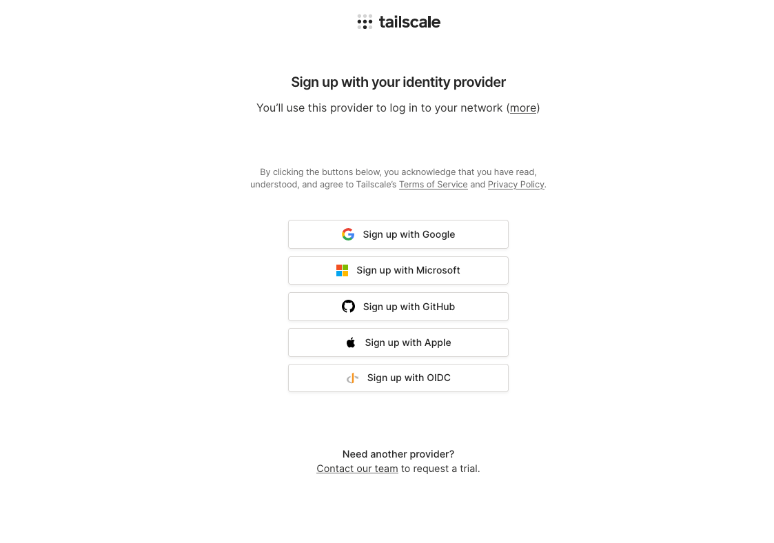 A screenshot of Tailscale's identity provider signup page.