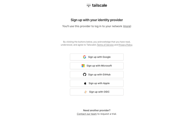 A screenshot of Tailscale's identity provider signup page.