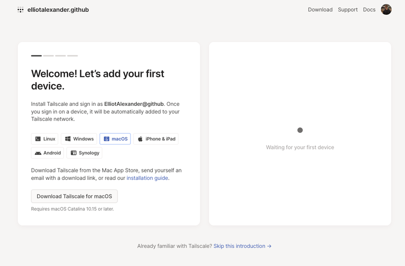 A screenshot of Tailscale's introductory setup page.