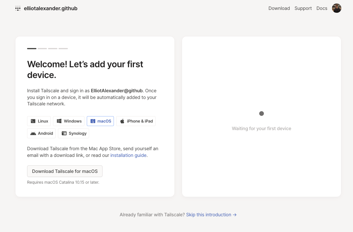 A screenshot of Tailscale's introductory setup page.