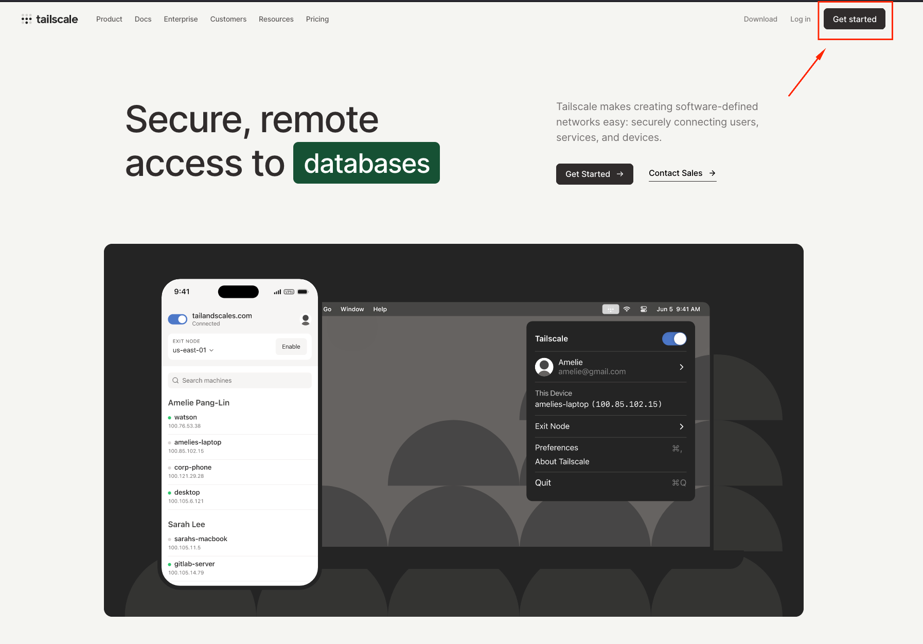 Screenshot of Tailscale's homepage showing where to get started.