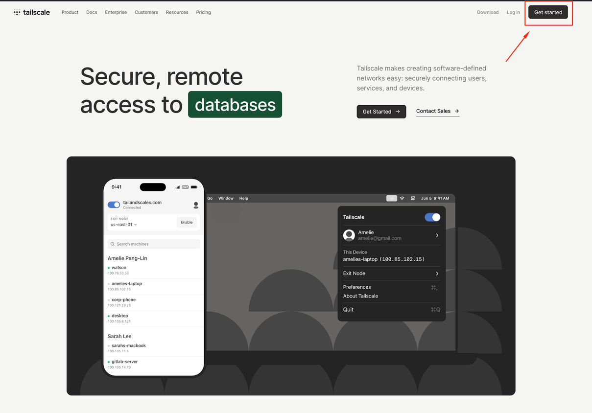 Screenshot of Tailscale's homepage showing where to get started.