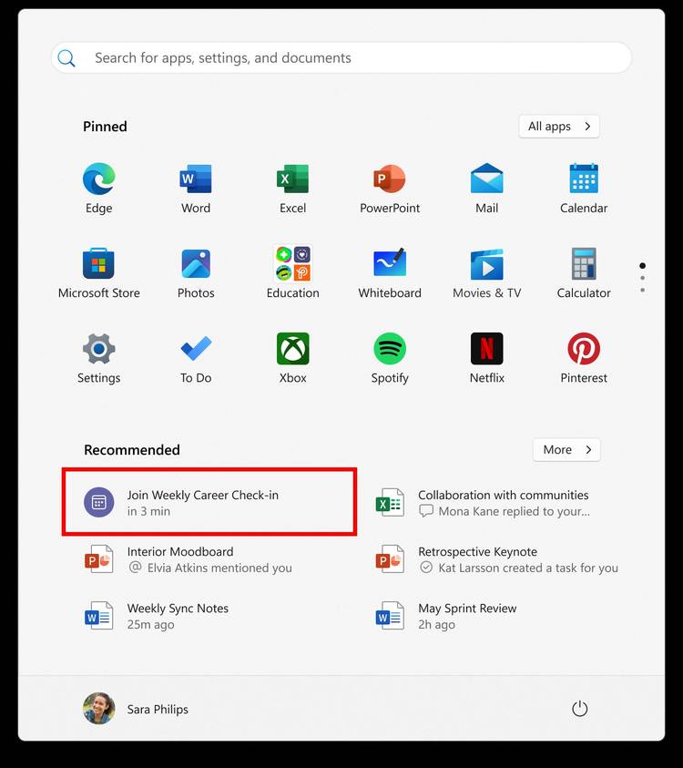 Screenshot of a Windows 11 Start menu with a Teams meeting in the Recommended section
