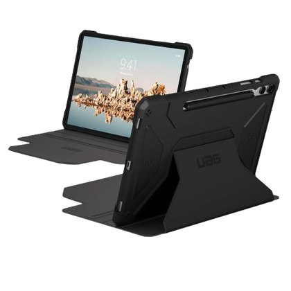 A render showing the UAG Metropolic SE black case installed on a Galaxy Tab S9+ in black color.