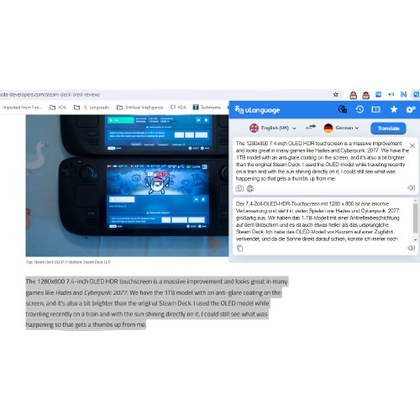 uLanguage interface showing translation of text being read