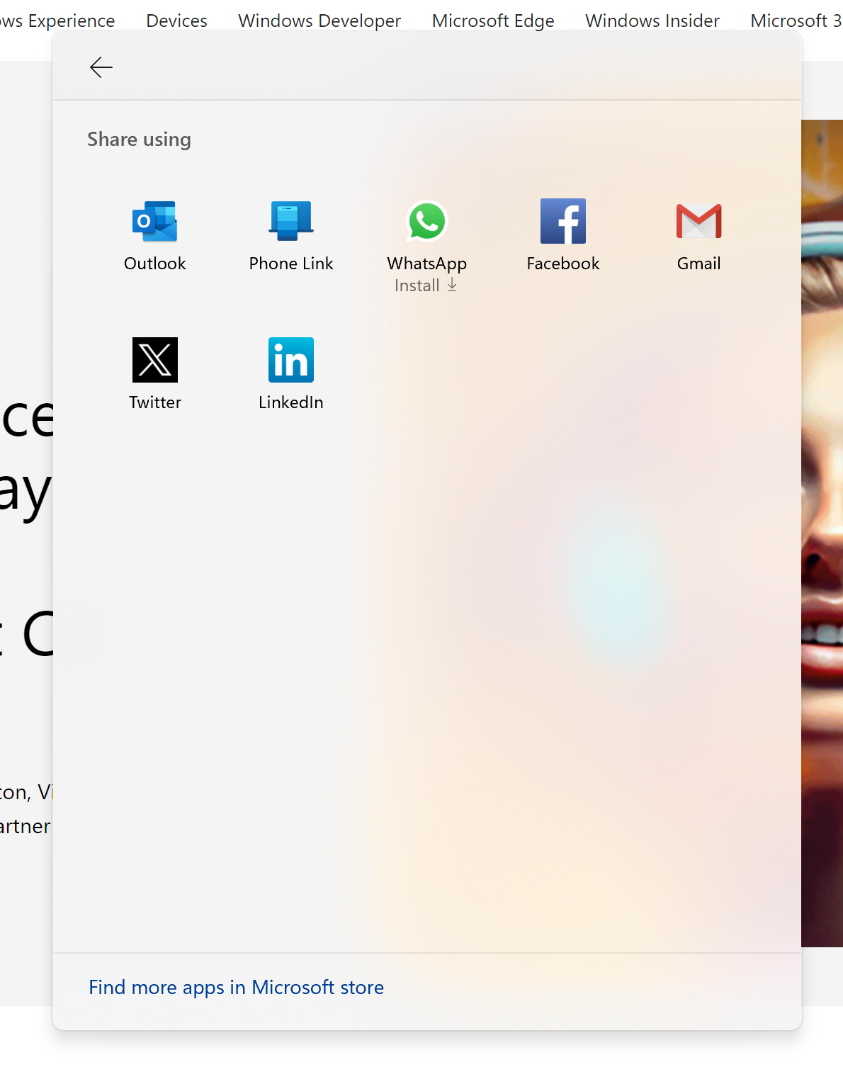 Screenshot of the Windows 11 Share window with links to Facebook, Twitter and other social media