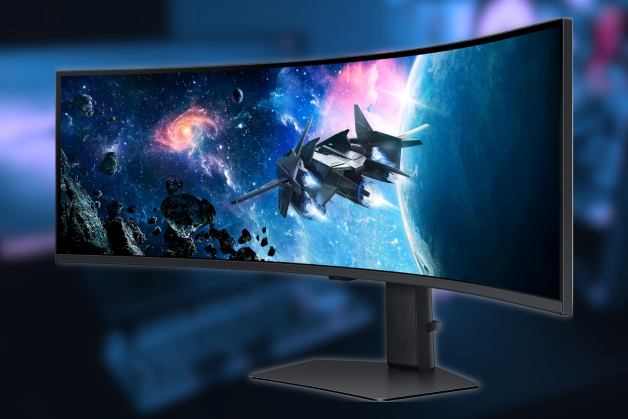 Samsung Odyssey G95c ultrawide gaming monitor on blurred background