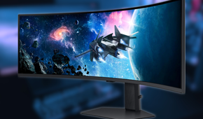 Samsung Odyssey G95c ultrawide gaming monitor on blurred background